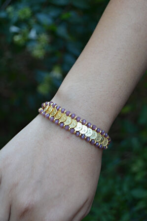 STONEAGE Altın Kaplama Tuğralı Mor Renkli El Yapımı Kadın Bileklik Yerli Üretim Türk Malı