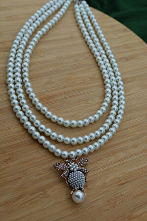 STONEAGE İncili Kadın Kolye Zirkon Taşlı Arı Figürli