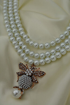 STONEAGE İncili Kadın Kolye Zirkon Taşlı Arı Figürli