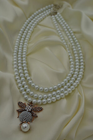 STONEAGE İncili Kadın Kolye Zirkon Taşlı Arı Figürli