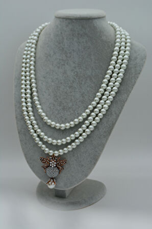 STONEAGE İncili Kadın Kolye Zirkon Taşlı Arı Figürli