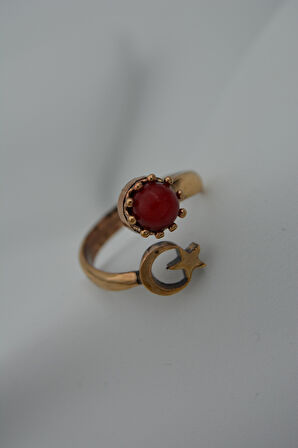 STONEAGE Yüzük Ayarlanabilir Ay Yıldız Mercan Taşlı Türk