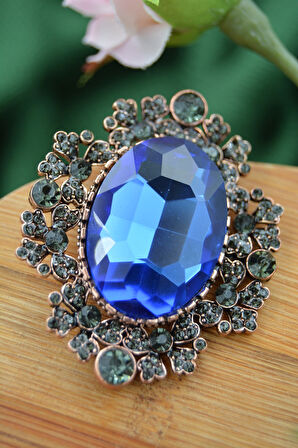 STONEAGE Broş Safir ve Zirkon Taşlı Büyük Boy