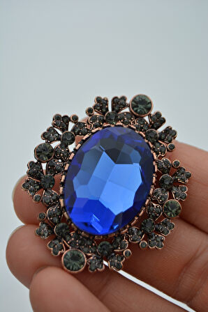 STONEAGE Broş Safir ve Zirkon Taşlı Büyük Boy