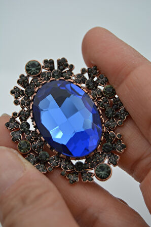 STONEAGE Broş Safir ve Zirkon Taşlı Büyük Boy