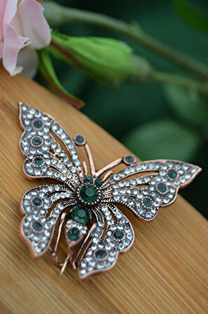 STONEAGE Kelebek Broş Zümrüt Taşlı Yaka İğnesi