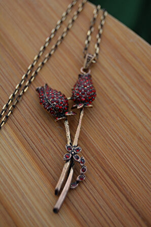 STONEAGE Kadın Kolye Yakut Taşlı Çift Gonca Zincir Hediyeli