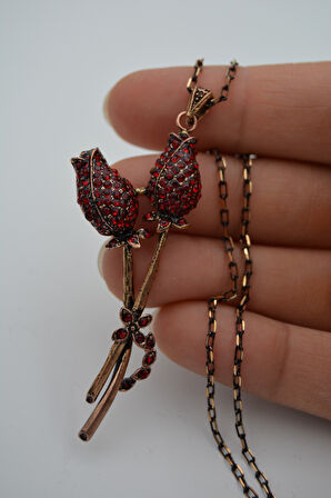 STONEAGE Kadın Kolye Yakut Taşlı Çift Gonca Zincir Hediyeli