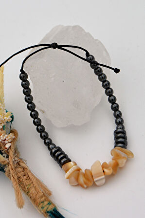 STONEAGE Gerçek Sedef ve Hematit taşlı Metalsiz Şifa Bilekliği