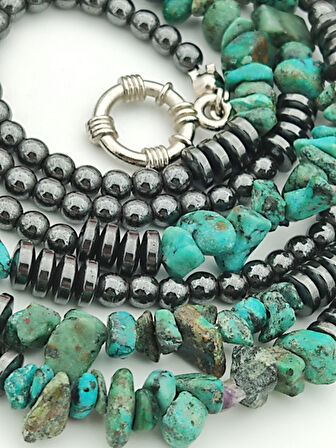 STONEAGE Gerçek Afrika Turkuazı ve Hematit Taşlı Gemici Kilit Şifa Kolyesi