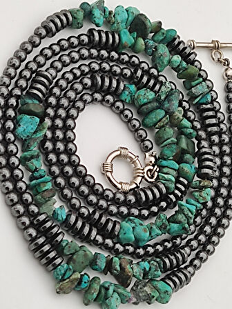 STONEAGE Gerçek Afrika Turkuazı ve Hematit Taşlı Gemici Kilit Şifa Kolyesi