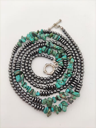 STONEAGE Gerçek Afrika Turkuazı ve Hematit Taşlı Gemici Kilit Şifa Kolyesi