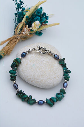 STONEAGE Gerçek Afrika Turkuazı ve İnci Taşından Şifa Bilekliği