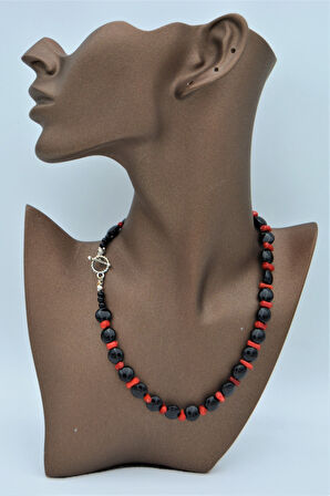 STONEAGE Orijinal Oniks ve Mercan Taşlı T Kilitli Şifa Kolyesi