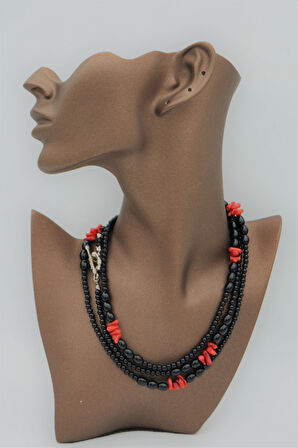 STONEAGE Orijinal Oniks ve Mercan Taşlı T Kilit Şifa Kolye