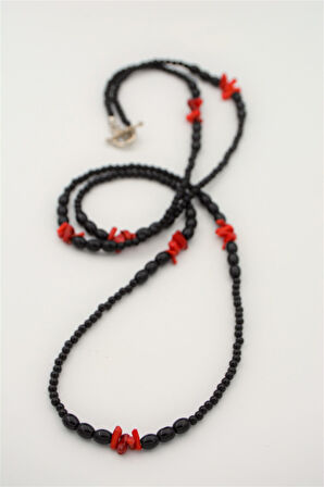 STONEAGE Orijinal Oniks ve Mercan Taşlı T Kilit Şifa Kolye