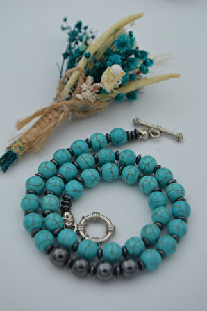 STONEAGE Hematit ve Turkuaz Taşlı T Kilit Şifa Kolyesi