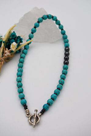 STONEAGE Hematit ve Turkuaz Taşlı T Kilit Şifa Kolyesi