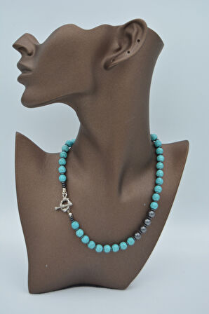 STONEAGE Hematit ve Turkuaz Taşlı T Kilit Şifa Kolyesi