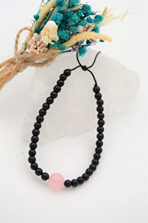 STONEAGE Oniks ve Pembe Kuvars Metalsiz Bileklik Antialerjik