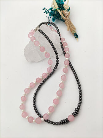 STONEAGE Pembe Kuvars ve Hematit Taşlı Şifa Kolyesi