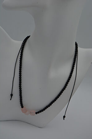 STONEAGE JEWELLERY Pembe Kuvars ve Oniks Taşlı Metalsiz Kolye