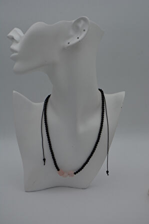 STONEAGE JEWELLERY Pembe Kuvars ve Oniks Taşlı Metalsiz Kolye