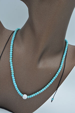 STONEAGE JEWELLERY İnci ve Turkuaz Taşlı Metalsiz Kolye