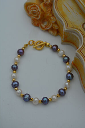STONEAGE JEWELLERY Beyaz ve Siyah İnci Doğal Taşlı Bileklik