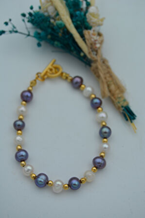 STONEAGE JEWELLERY Beyaz ve Siyah İnci Doğal Taşlı Bileklik