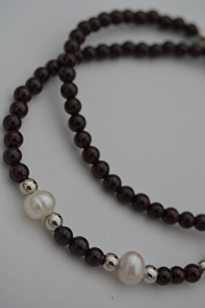 STONEAGE Lal Garnet ve İnci Taşlı Bayan Kolye