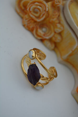 STONEAGE JEWELLERY Kırma Ametist ve İnci Tasarım Bayan Yüzük