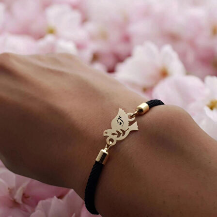 Benzersiz 14 Ayar Altın Kaplamalı, Siyah Örgülü ve Kuş Figürlü F Bilekliği