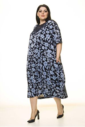 Yaka Detaylı Lacivert Cepli Büyük Beden Elbise F10-1732