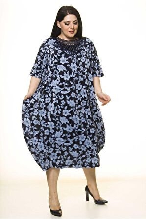 Yaka Detaylı Lacivert Cepli Büyük Beden Elbise F10-1732