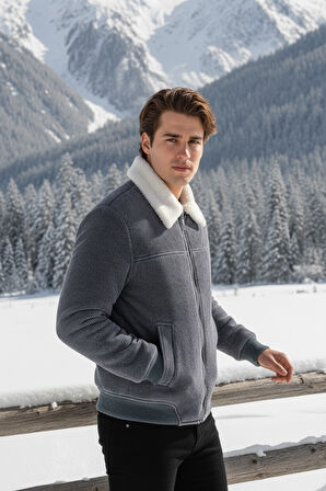 Erkek Klasik Yaka Fermuarlı Gri Kadife Ceket