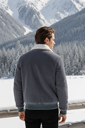 Erkek Klasik Yaka Fermuarlı Gri Kadife Ceket