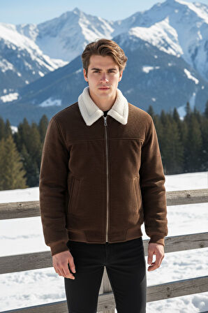 Erkek Klasik Yaka Fermuarlı Taba Kadife Ceket