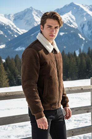 Erkek Klasik Yaka Fermuarlı Taba Kadife Ceket