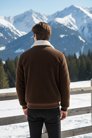 Erkek Klasik Yaka Fermuarlı Taba Kadife Ceket