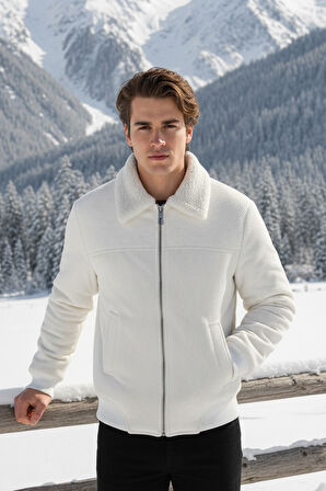 Erkek Klasik Yaka Fermuarlı Beyaz Kadife Ceket