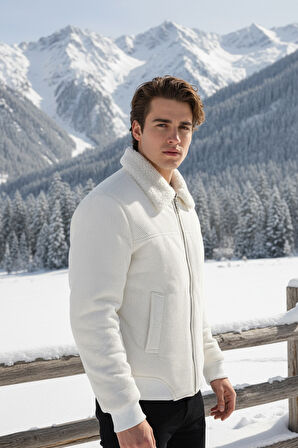 Erkek Klasik Yaka Fermuarlı Beyaz Kadife Ceket