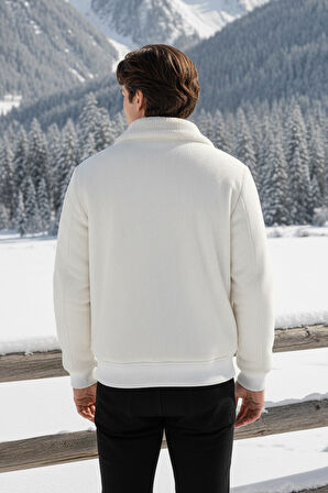 Erkek Klasik Yaka Fermuarlı Beyaz Kadife Ceket