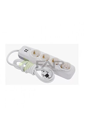 F512A 4'lü 2 USB'li Grup Priz 2 Metre Şarj ve Elektrik İçin Pratik Çözüm