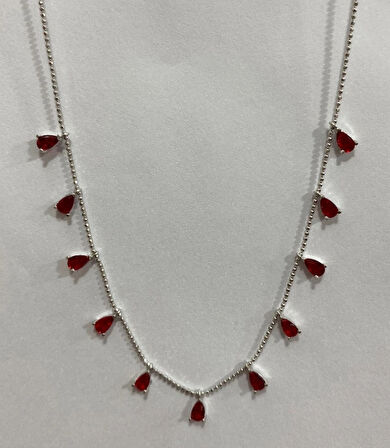 Kırmızı Damla Taşlı Gümüş Şans Kolyesi