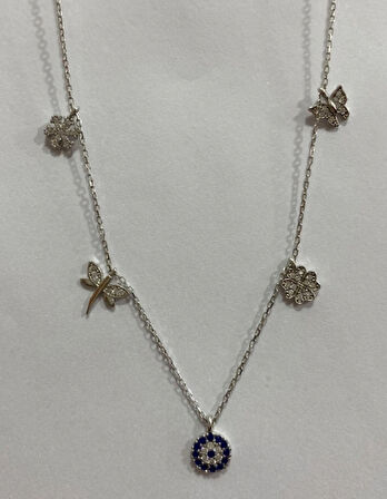 Şans Kolyesi Beşli Gümüş Parçalı Kolyesi