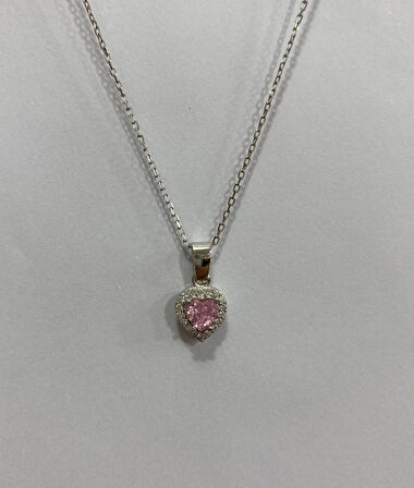 Kalpli Pembe Taşlı Gümüş Şans Kolyesi