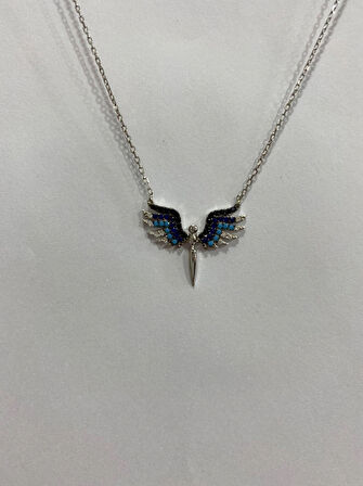 Melek Kanatlı Mavi Taşlı Gümüş Şans Kolyesi