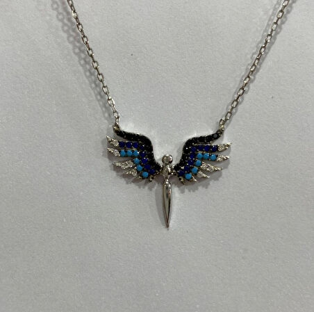 Melek Kanatlı Mavi Taşlı Gümüş Şans Kolyesi
