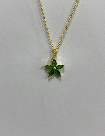 Beştaşlı Yeşil Taşlı Altın Kaplama Gümüş Şans Kolyesi